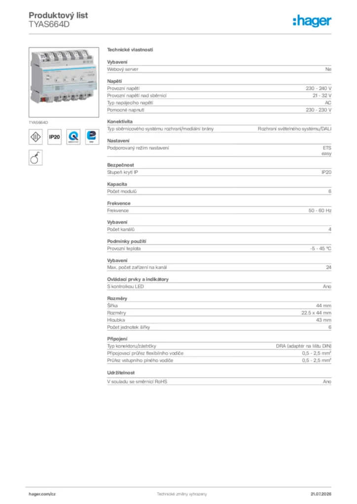 Obrázek Hager Generováno - Datový list produktu TYAS664D | Hager