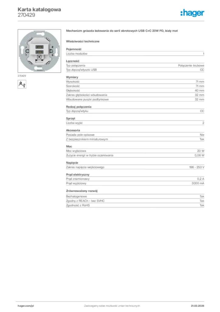 Zdjęcie Hager Karta katalogowa 270429 | Hager Polska