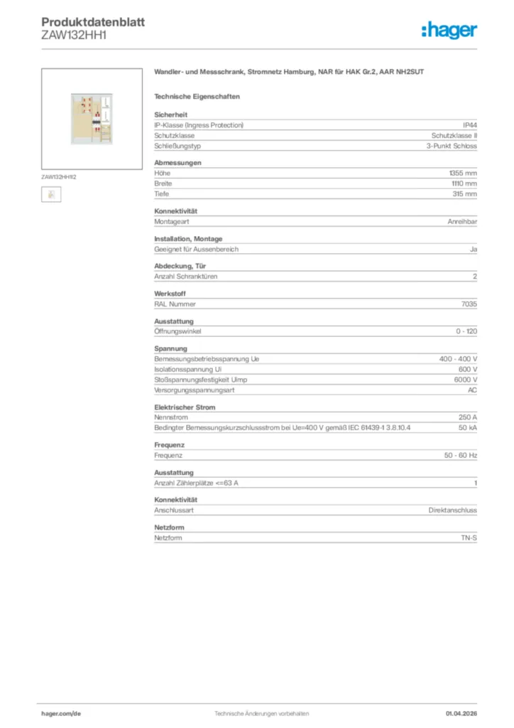 Bild Hager Produktdatenblatt ZAW132HH1 | Hager Deutschland