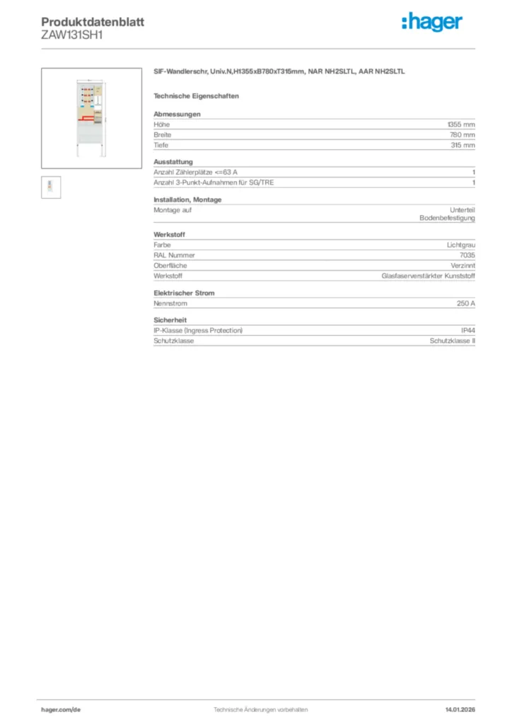 Bild Hager Produktdatenblatt ZAW131SH1 | Hager Deutschland