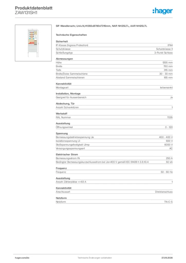 Bild Hager Produktdatenblatt ZAW131SH1 | Hager Deutschland