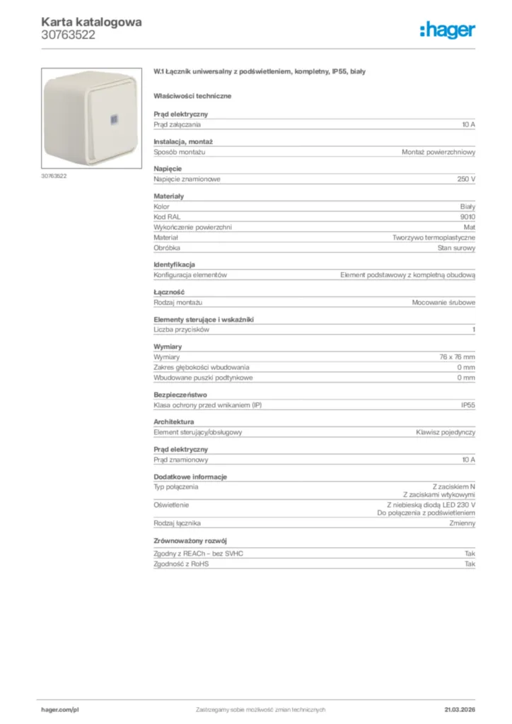 Zdjęcie Hager Karta katalogowa 30763522 | Hager Polska