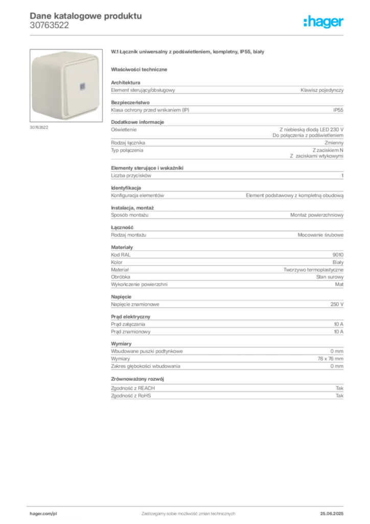 Zdjęcie Hager Dane katalogowe produktu 30763522 | Hager Polska