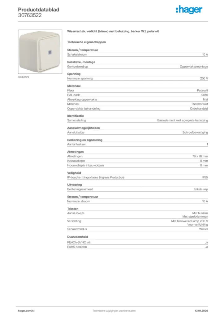 Afbeelding Hager Productdatablad 30763522 | Hager Nederland