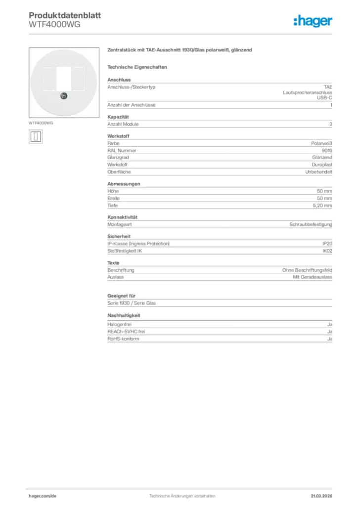 Bild Hager Produktdatenblatt WTF4000WG | Hager Deutschland