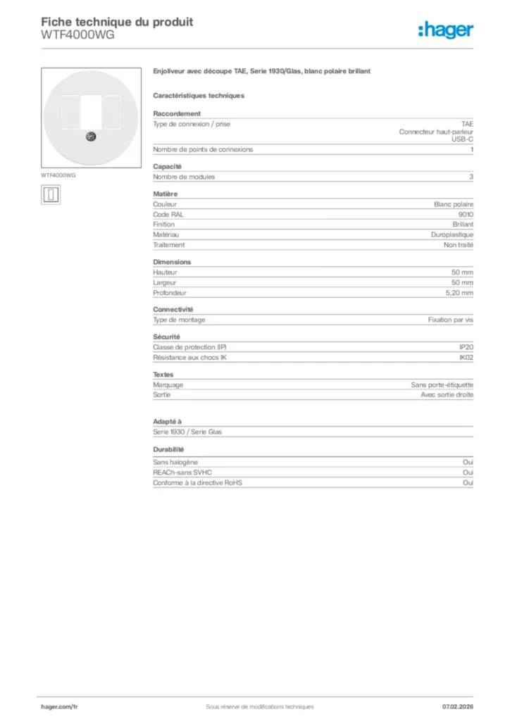 Image Hager Fiche technique du produit WTF4000WG | Hager France