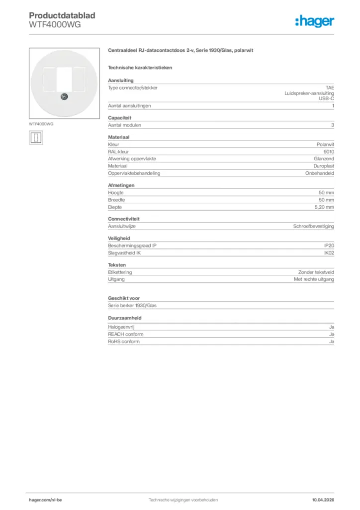 Afbeelding Hager Productdatablad WTF4000WG | Hager Belgium