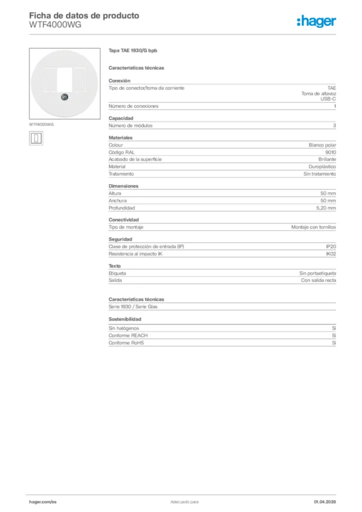 Imagen Hager Ficha de datos de producto WTF4000WG | Hager España