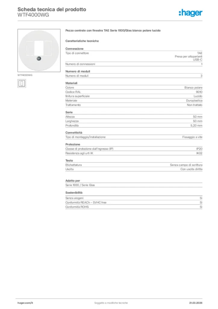 Immagine Hager Scheda tecnica del prodotto WTF4000WG | Hager Italia