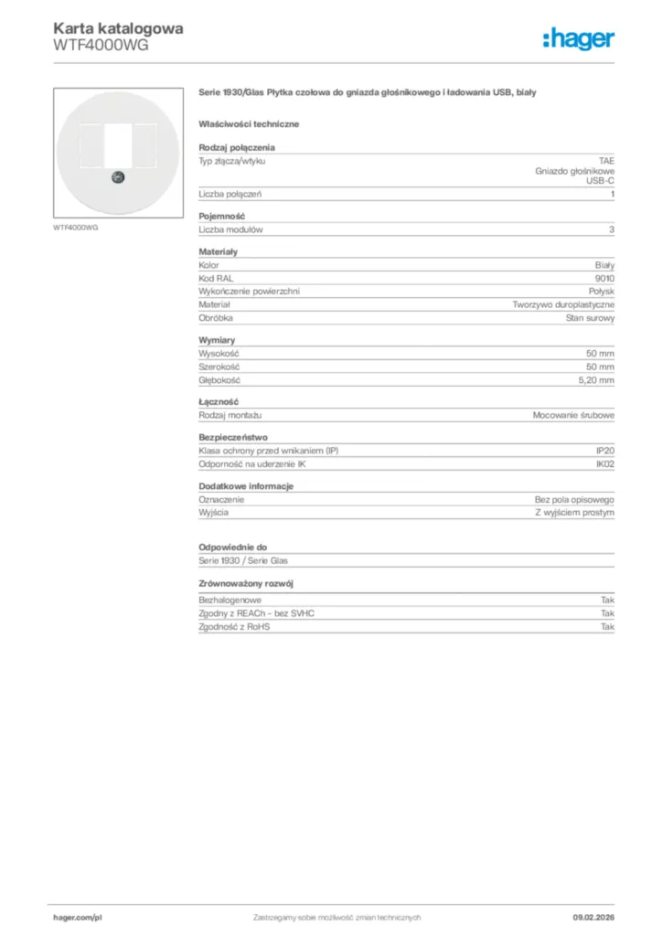 Zdjęcie Hager Karta katalogowa WTF4000WG | Hager Polska