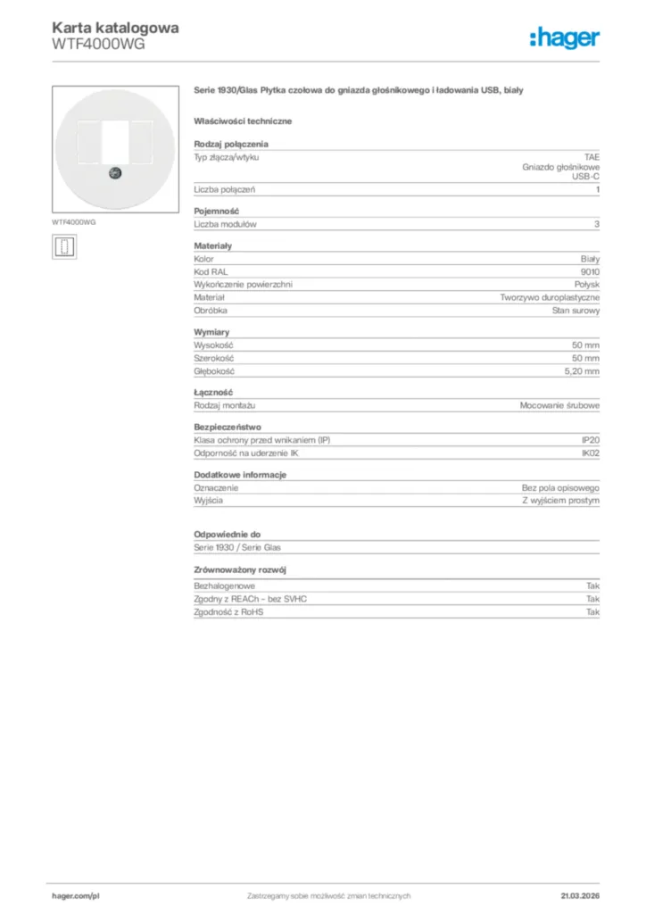 Zdjęcie Hager Karta katalogowa WTF4000WG | Hager Polska
