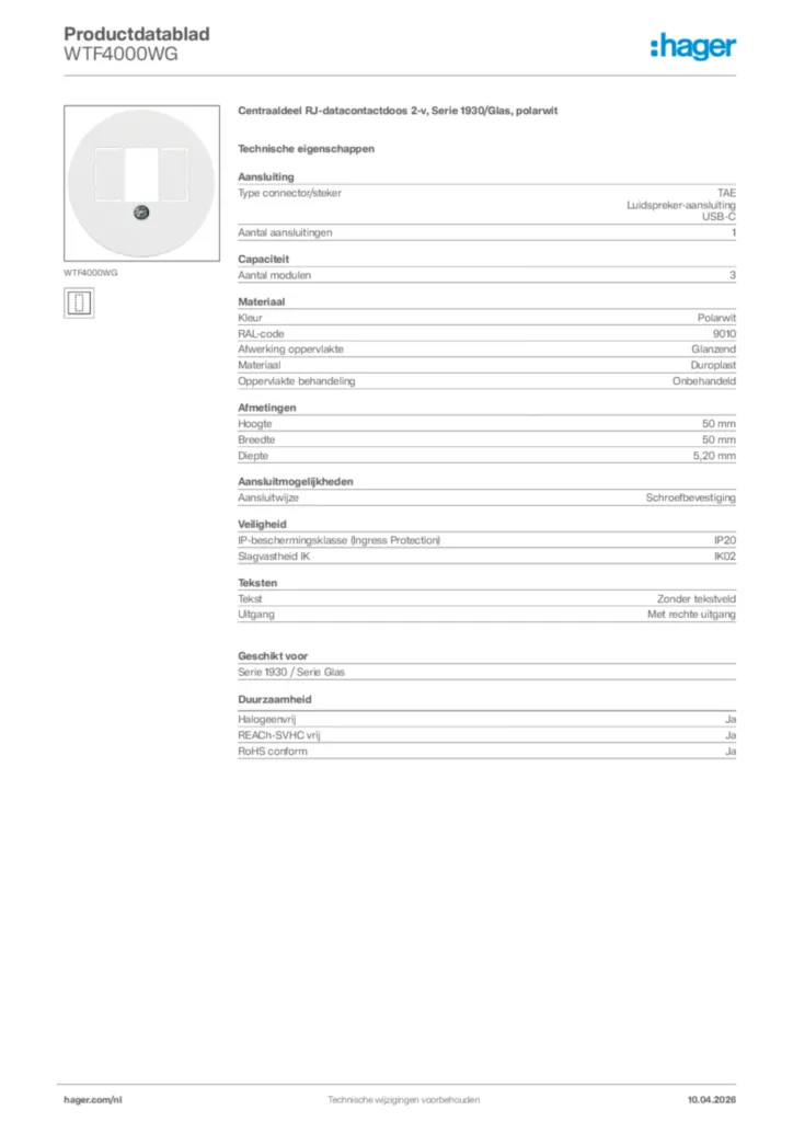 Afbeelding Hager Productdatablad WTF4000WG | Hager Nederland