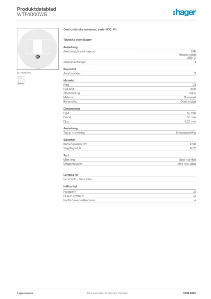 Bild Hager Produktdatablad WTF4000WG | Hager Sverige