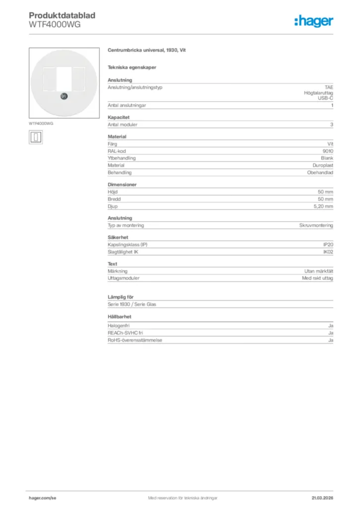 Bild Hager Produktdatablad WTF4000WG | Hager Sverige