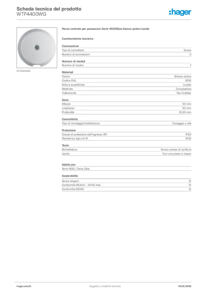 Immagine Hager Scheda tecnica del prodotto WTF4400WG | Hager Italia