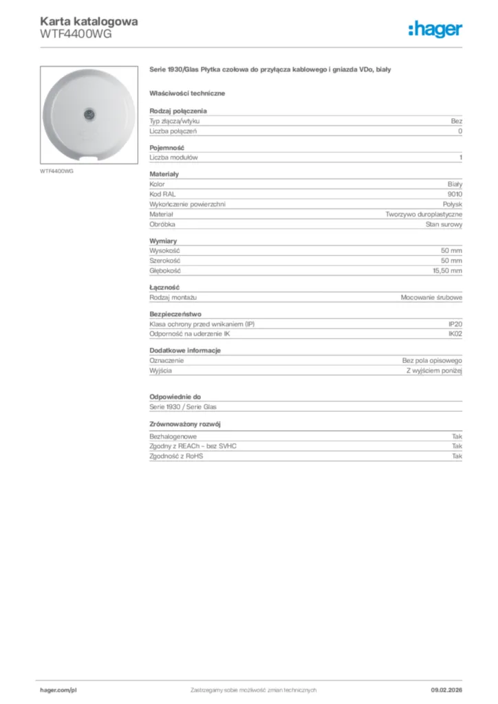 Zdjęcie Hager Karta katalogowa WTF4400WG | Hager Polska