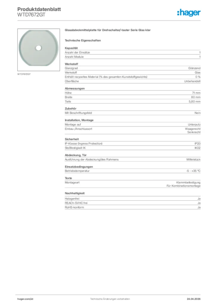 Bild Hager Produktdatenblatt WTD7672GT | Hager Deutschland