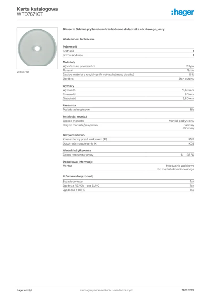 Zdjęcie Hager Karta katalogowa WTD7671GT | Hager Polska