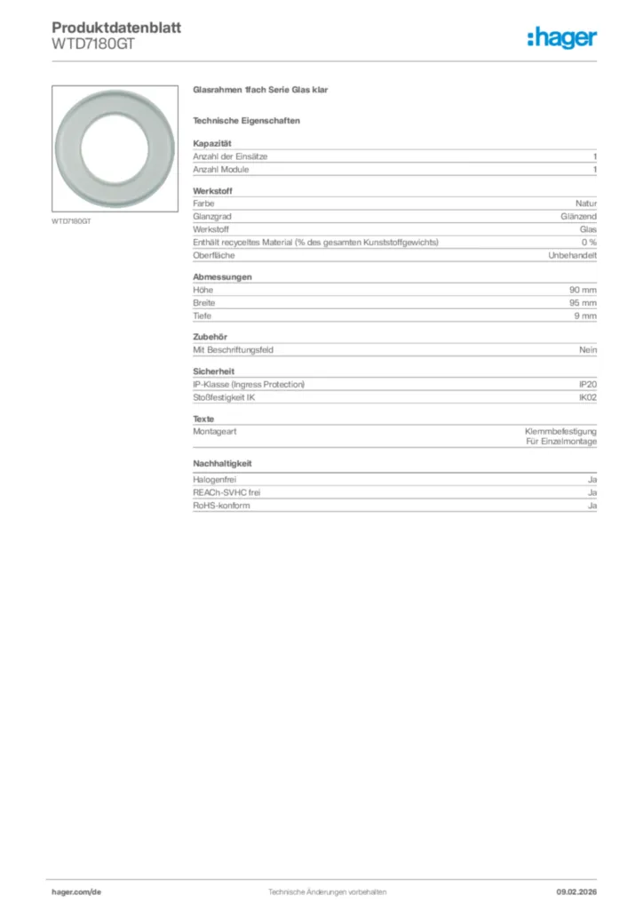 Bild Hager Produktdatenblatt WTD7180GT | Hager Deutschland