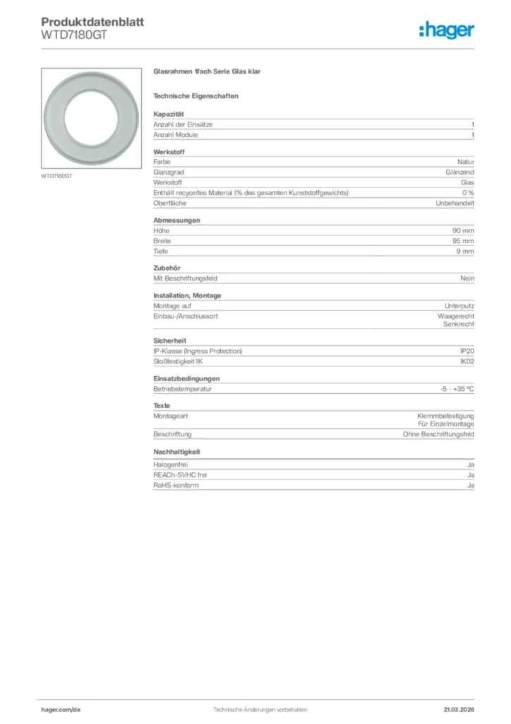 Bild Hager Produktdatenblatt WTD7180GT | Hager Deutschland