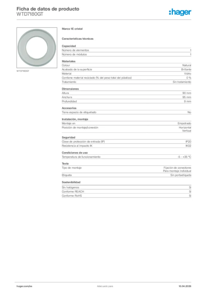 Imagen Hager Ficha de datos de producto WTD7180GT | Hager España