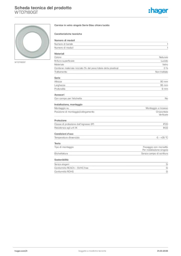 Immagine Hager Scheda tecnica del prodotto WTD7180GT | Hager Italia