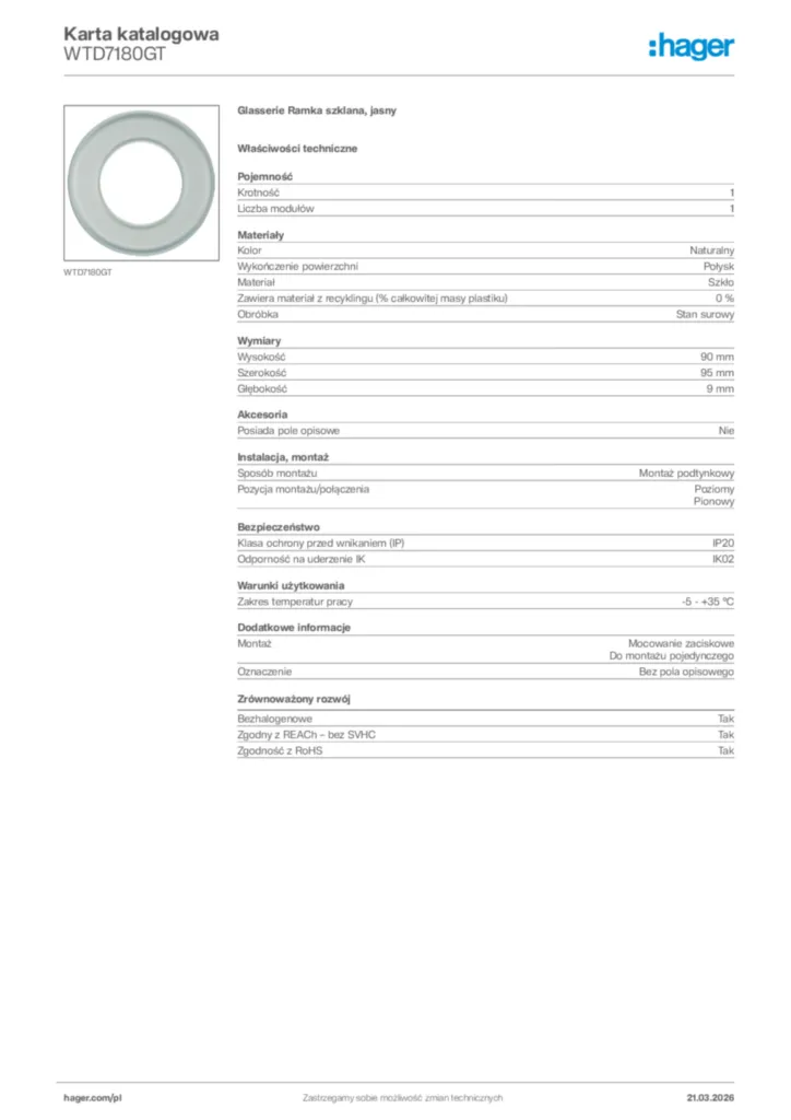 Zdjęcie Hager Karta katalogowa WTD7180GT | Hager Polska