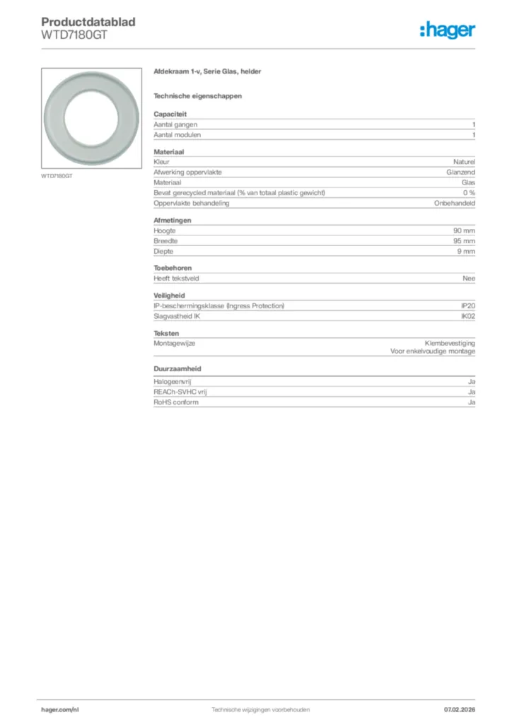 Afbeelding Hager Productdatablad WTD7180GT | Hager Nederland