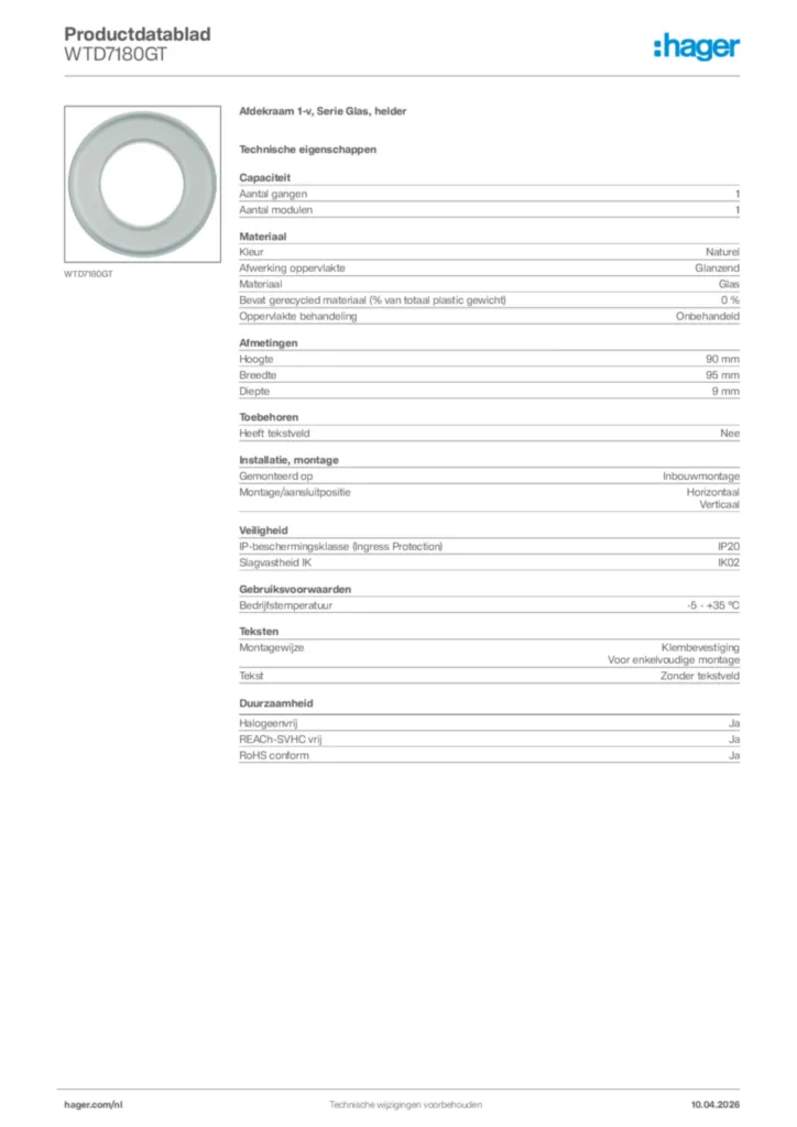Afbeelding Hager Productdatablad WTD7180GT | Hager Nederland