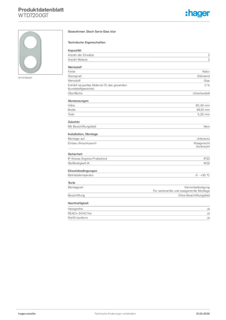 Bild Hager Produktdatenblatt WTD7200GT | Hager Deutschland