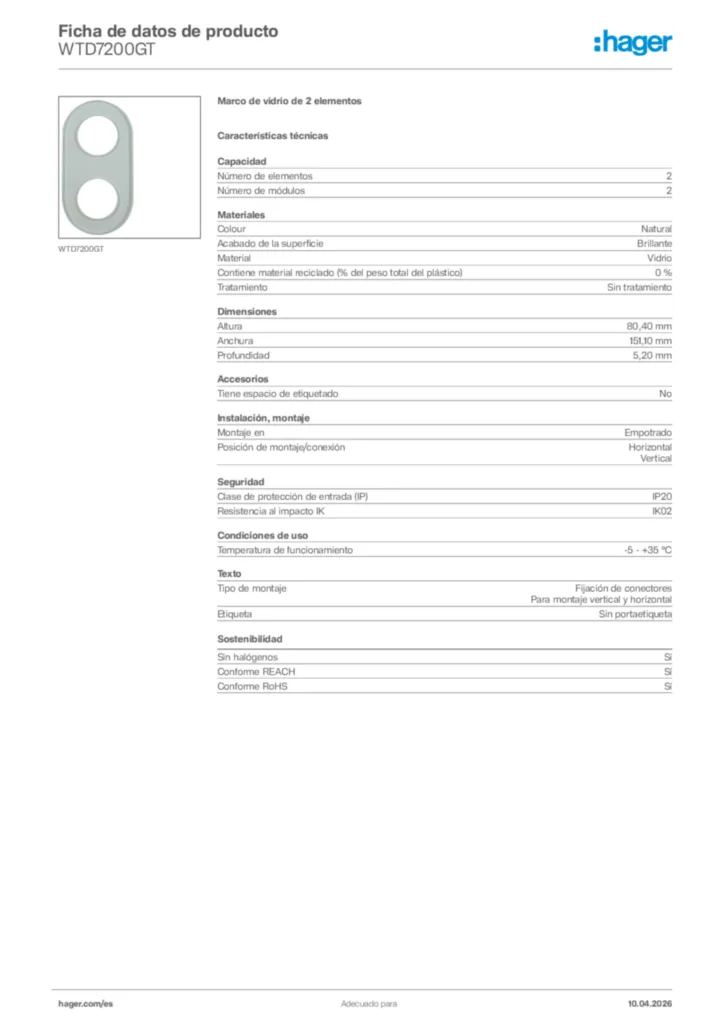 Imagen Hager Ficha de datos de producto WTD7200GT | Hager España