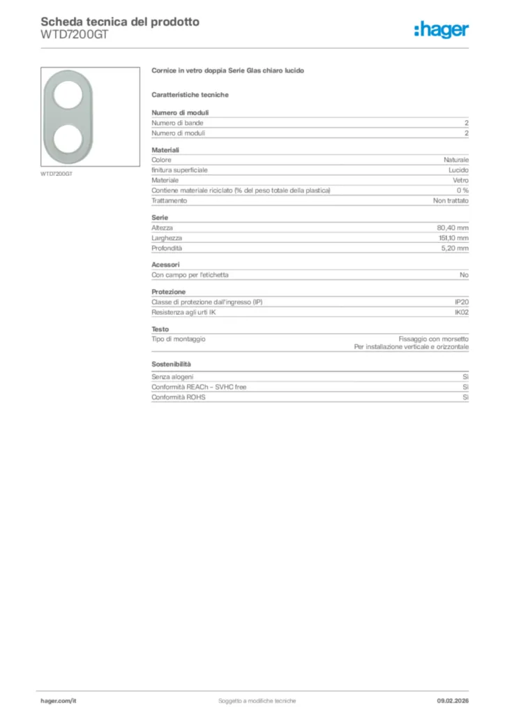 Immagine Hager Scheda tecnica del prodotto WTD7200GT | Hager Italia