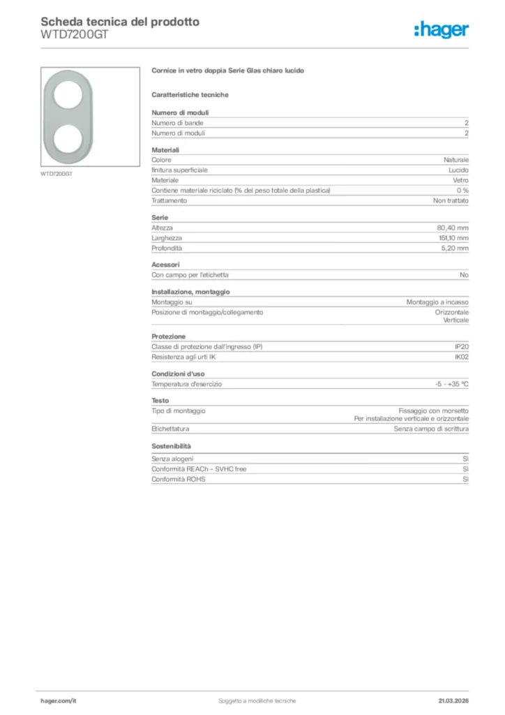 Immagine Hager Scheda tecnica del prodotto WTD7200GT | Hager Italia