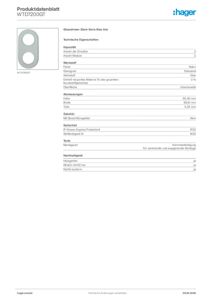 Bild Hager Produktdatenblatt WTD7200GT | Hager Deutschland