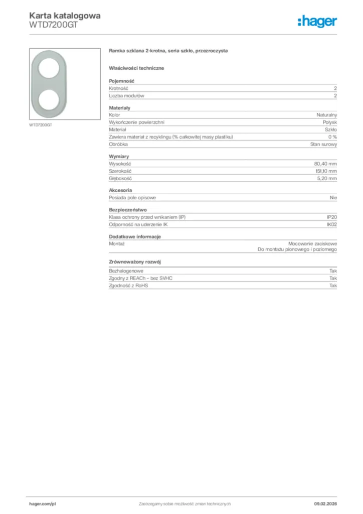 Zdjęcie Hager Karta katalogowa WTD7200GT | Hager Polska