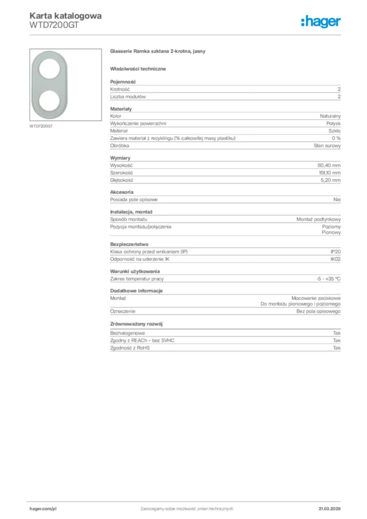 Zdjęcie Hager Karta katalogowa WTD7200GT | Hager Polska