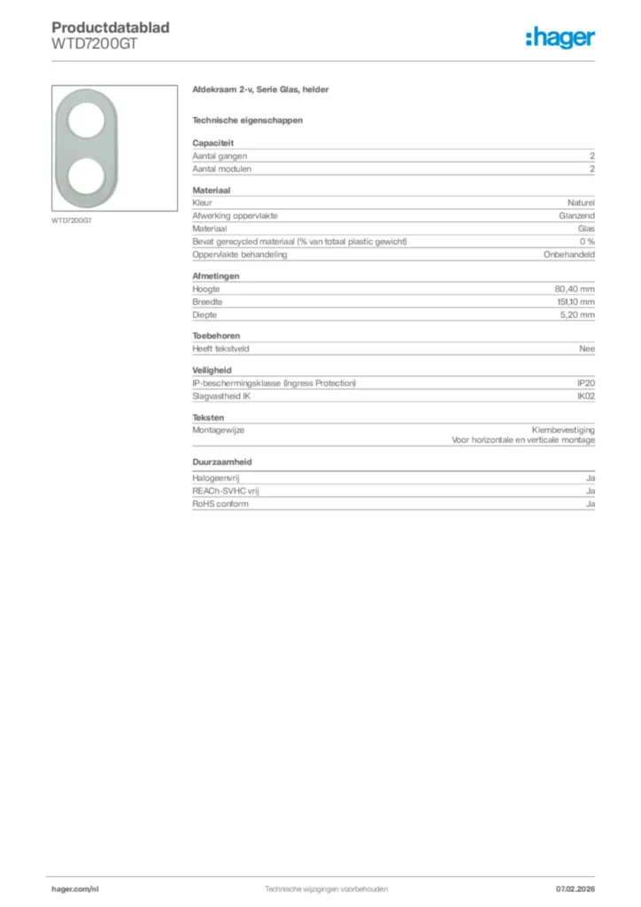 Afbeelding Hager Productdatablad WTD7200GT | Hager Nederland