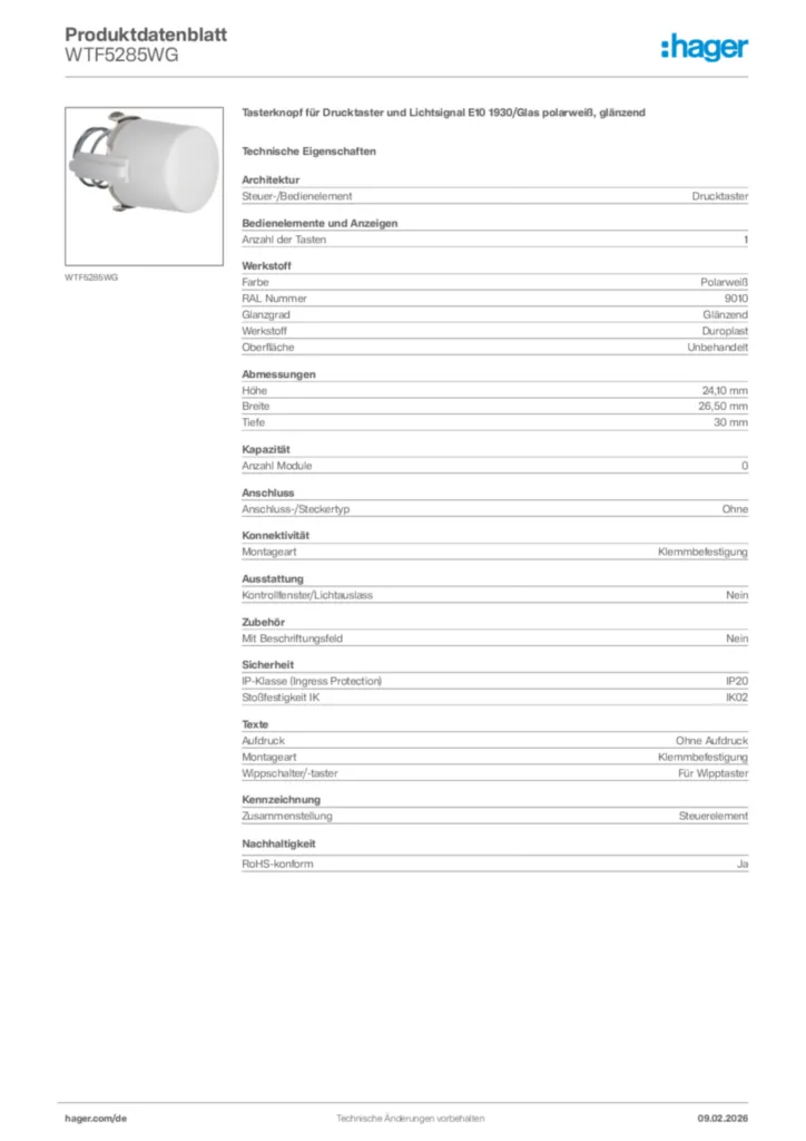 Bild Hager Produktdatenblatt WTF5285WG | Hager Deutschland