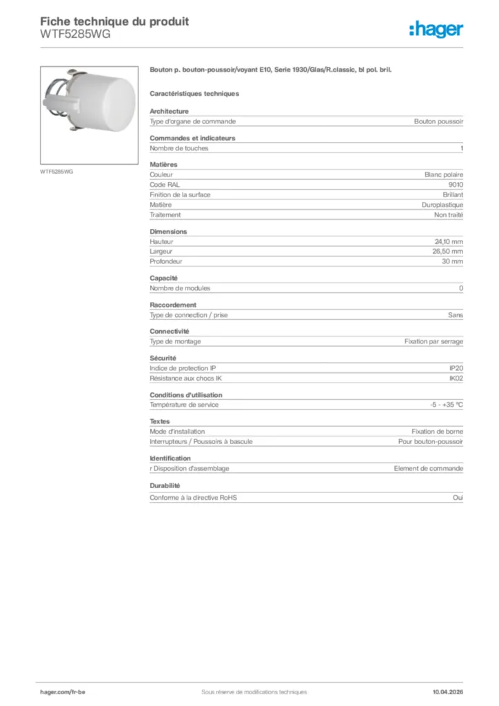 Image Hager Fiche technique du produit WTF5285WG | Hager Belgique