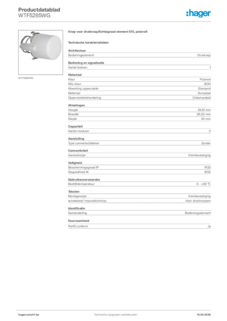 Afbeelding Hager Productdatablad WTF5285WG | Hager Belgium
