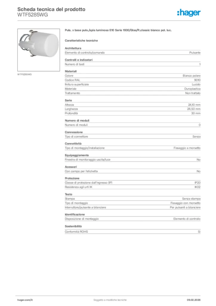 Immagine Hager Scheda tecnica del prodotto WTF5285WG | Hager Italia