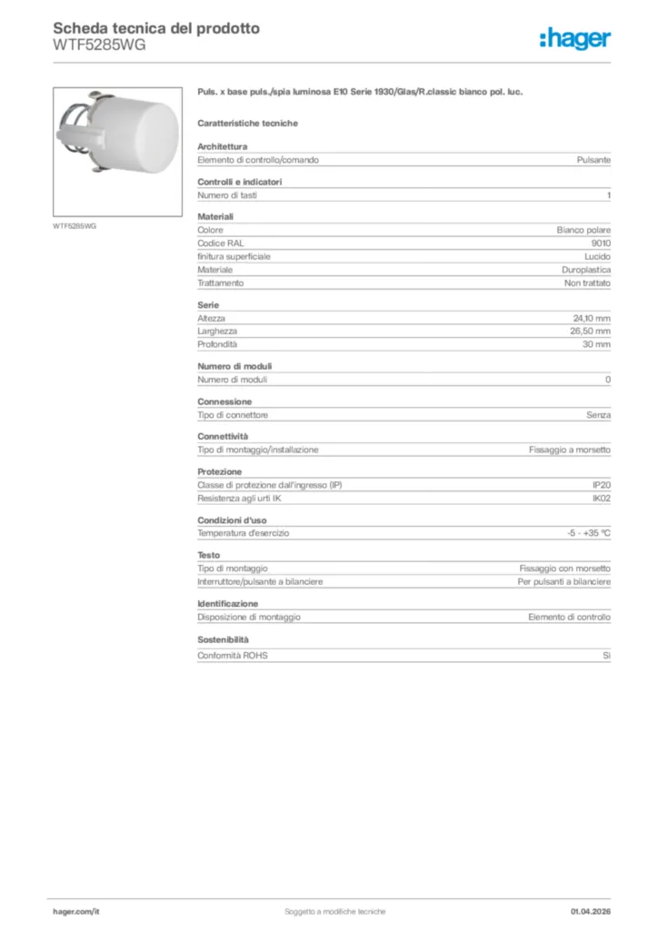 Immagine Hager Scheda tecnica del prodotto WTF5285WG | Hager Italia