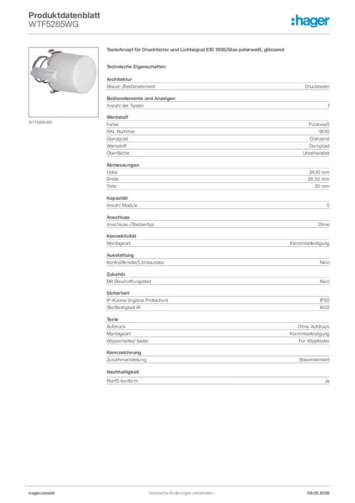 Bild Hager Produktdatenblatt WTF5285WG | Hager Deutschland