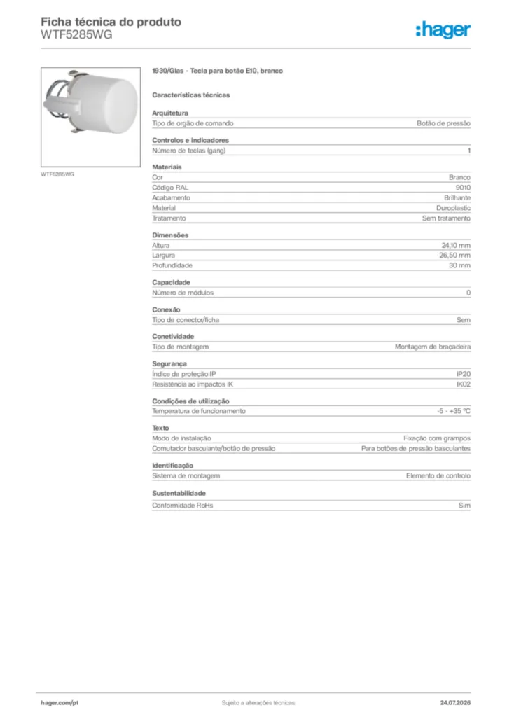 Imagem Hager Ficha técnica do produto WTF5285WG | Hager Portugal