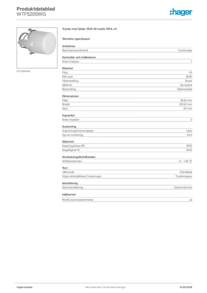Bild Hager Produktdatablad WTF5285WG | Hager Sverige