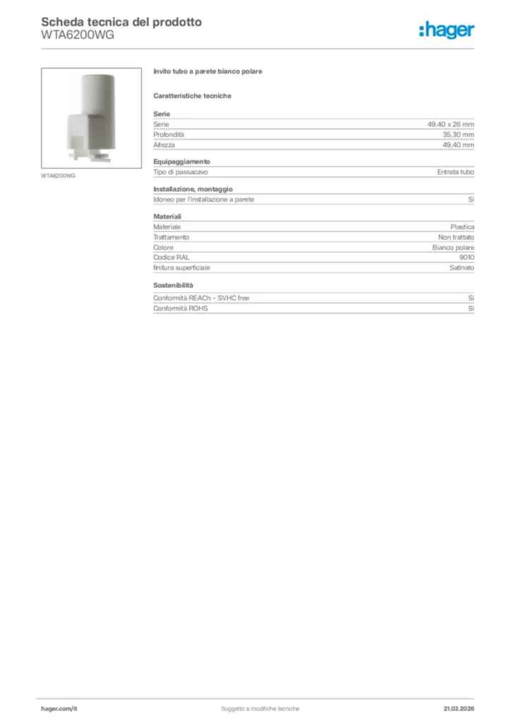 Immagine Hager Scheda tecnica del prodotto WTA6200WG | Hager Italia