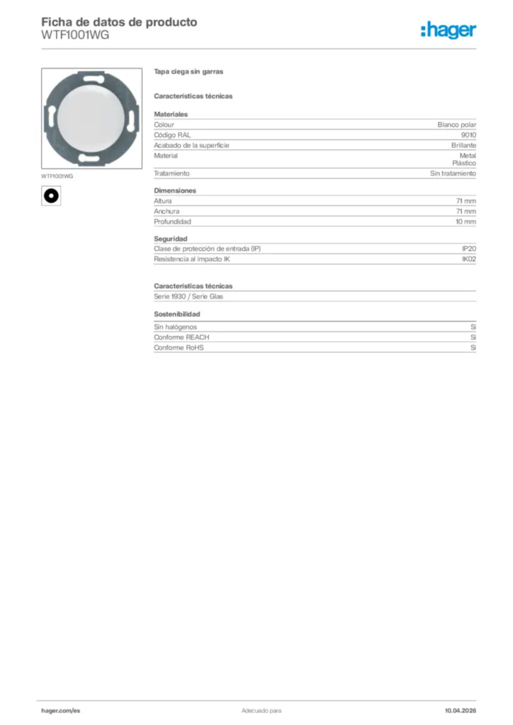 Imagen Hager Ficha de datos de producto WTF1001WG | Hager España