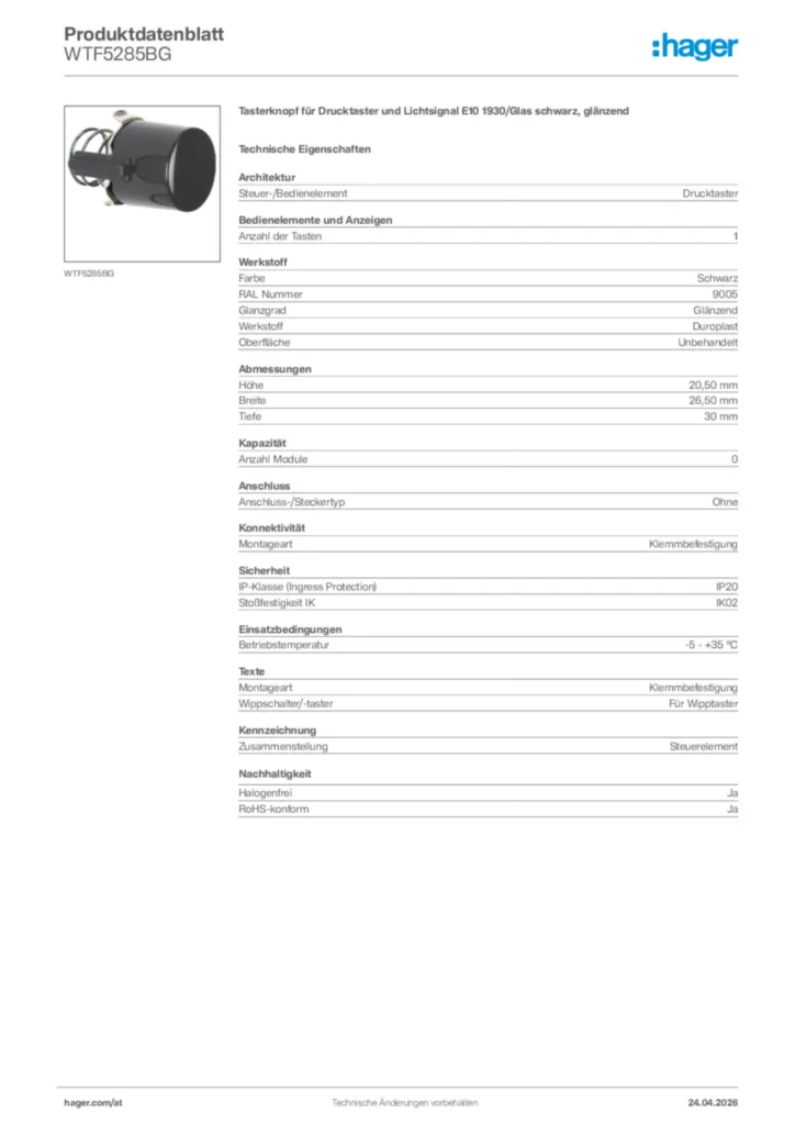 Bild Hager Produktdatenblatt WTF5285BG | Hager Deutschland