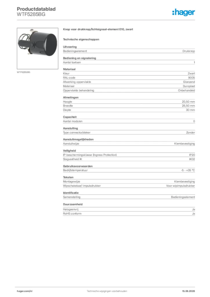 Afbeelding Hager Productdatablad WTF5285BG | Hager Nederland