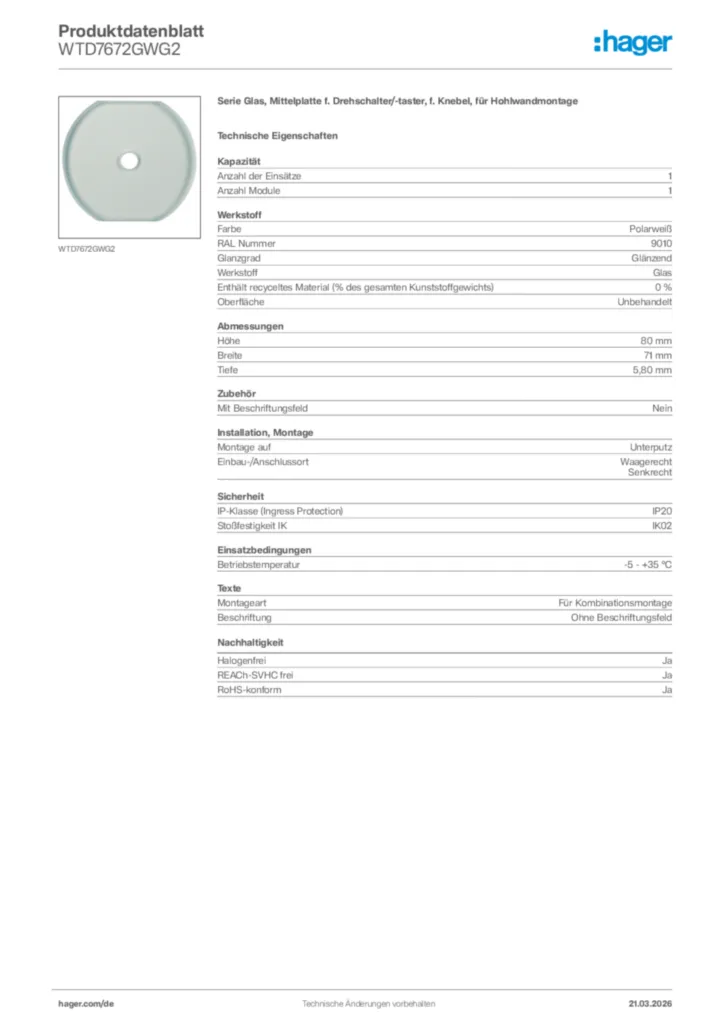 Bild Hager Produktdatenblatt WTD7672GWG2 | Hager Deutschland